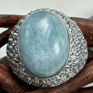 15.75 ct tw Cabochon Aquamarine ring with  sky blue topaz set in sterling silver